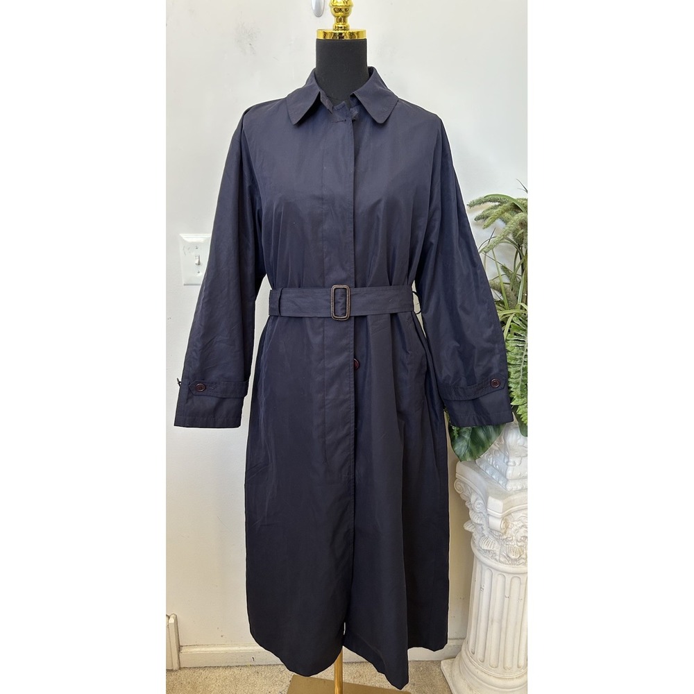 Vtg 80s LL Bean Trench Belted Coat Womens M Navy Rain Duster Jacket Made in USA